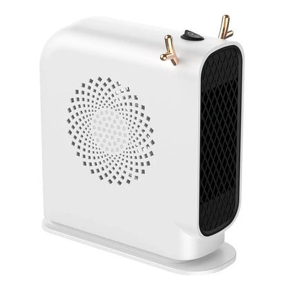 Compact desktop heater in white, green, or yellow with dual-speed control for small spaces
