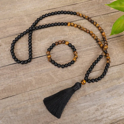 Handmade tiger eye stone necklace with ball bead chain and tassel pendant, adjustable length over 81cm