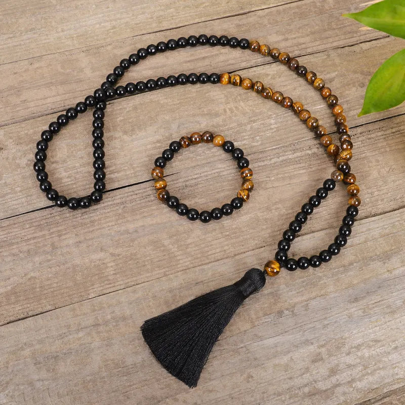 Unisex tiger eye stone necklace sweater chain with vintage ball bead design and adjustable length over 81cm, handmade craftsmanship in national style with tassel pendant drop shape jewellery accessory