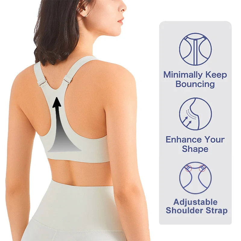 Front zip sports bra for women with mesh back and high support