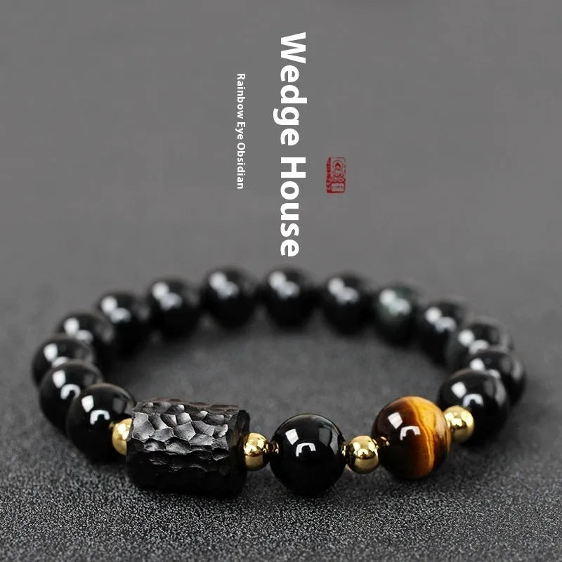 Handmade obsidian bracelet with 10mm red tiger eye beads, unisex retro design.
