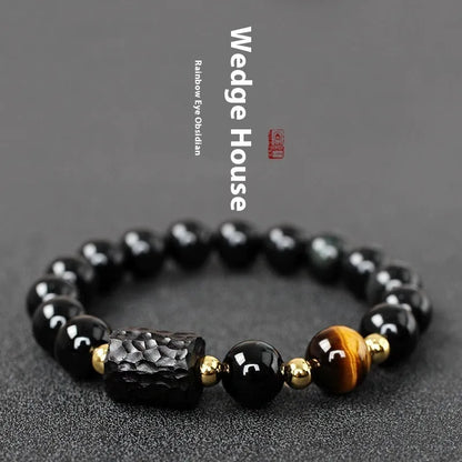 Handmade obsidian bracelet with 10mm red tiger eye beads, unisex retro design.