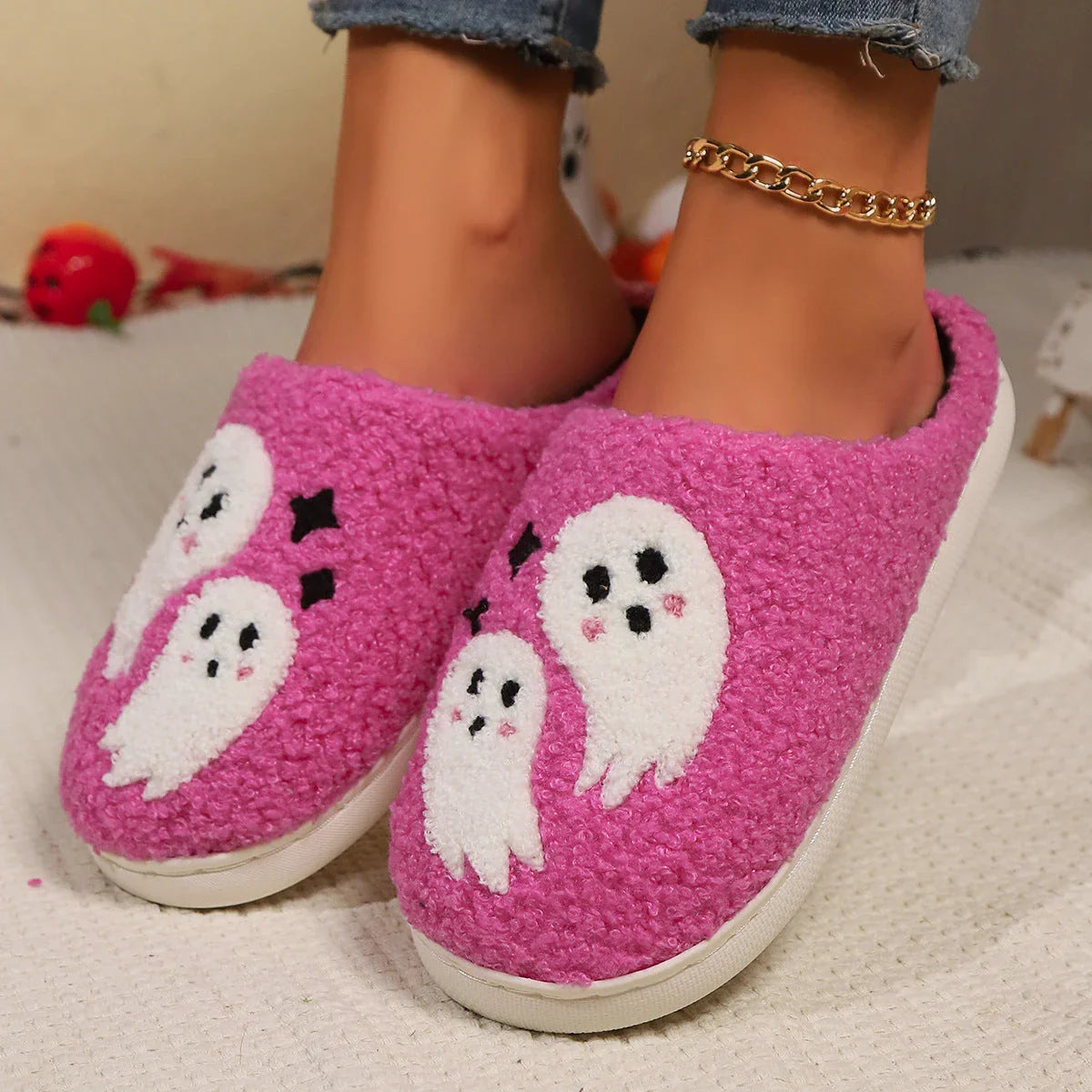 Cozy Halloween ghost slippers for women with soft cotton construction and non-slip rubber soles