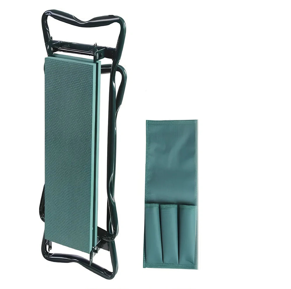 Green foldable outdoor garden bench with foam pad and side tool pouch