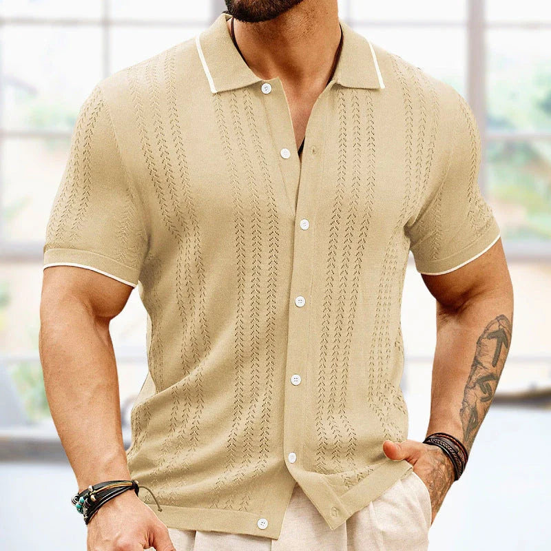 A stylish short-sleeve polo shirt made with premium Tencel fabric, featuring a unique flocked design and a variety of classic color options.