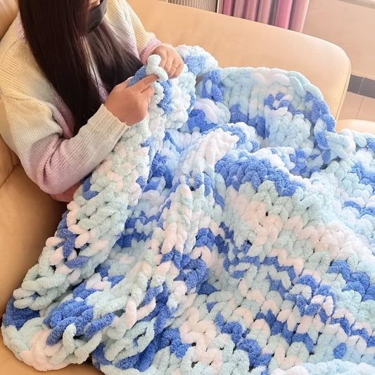 Coarse yarn chenille braided gravity knitted blanket in a modern simple style, shown in one of five colour patterns.