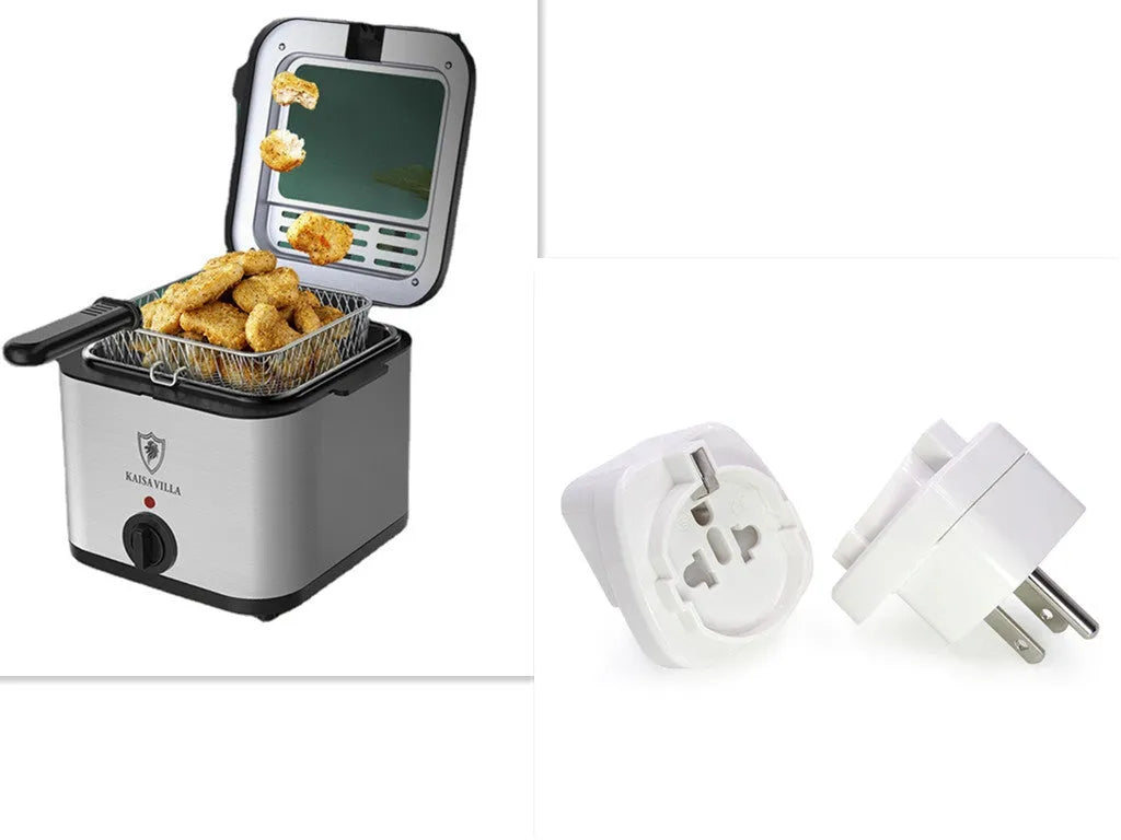 Silver electric air fryer appliance with detachable stainless steel basket on kitchen counter