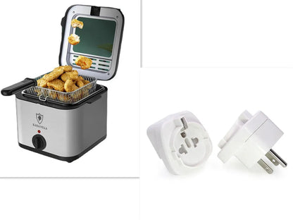 Silver electric air fryer appliance with detachable stainless steel basket on kitchen counter