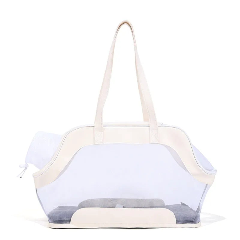Leather cat outing carry bag in beige with 25-litre capacity for small pets.