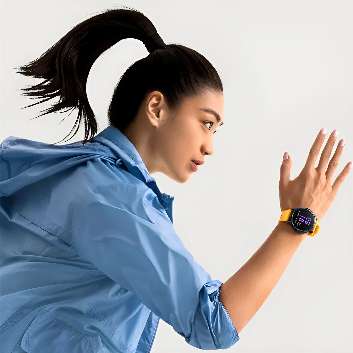 Dual-band GPS smart watch with a 1.43-inch screen in black, white, or blue silicone strap colours.