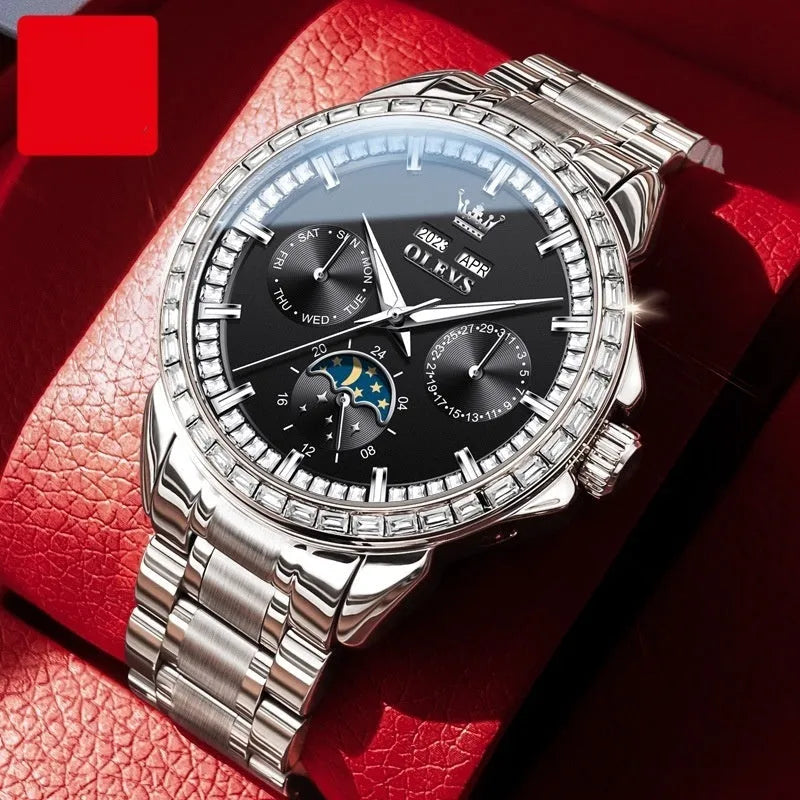 Men's automatic mechanical watch with diamond dial, stainless steel case, and transparent back showing movement