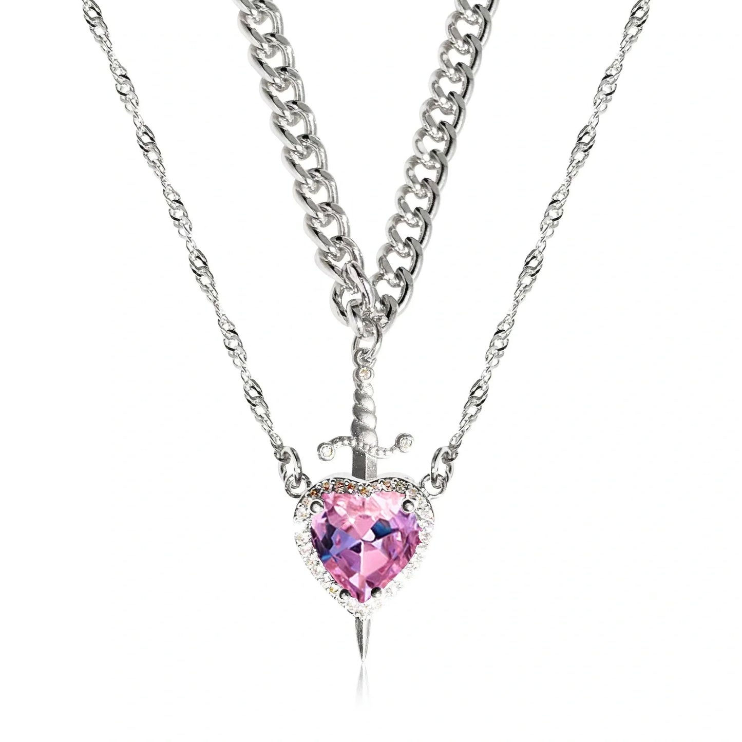 Fashionable Heart and Sword Pendant Necklace Set made of stainless steel with sparkling crystals for a bold, romantic look