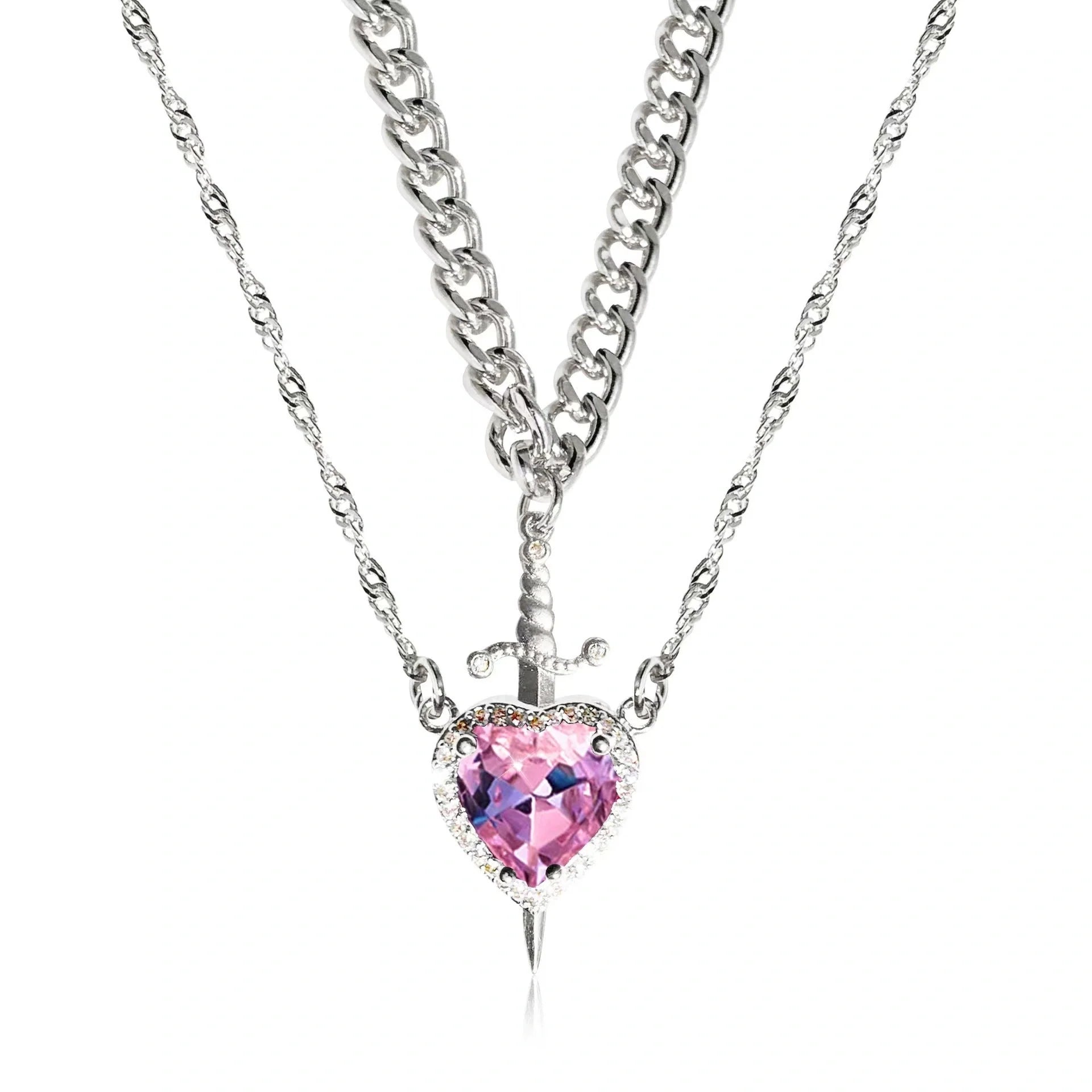 Fashionable Heart and Sword Pendant Necklace Set made of stainless steel with sparkling crystals for a bold, romantic look