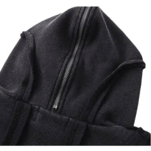 Black loose zip hooded cardigan with abstract pattern and padding for autumn wear
