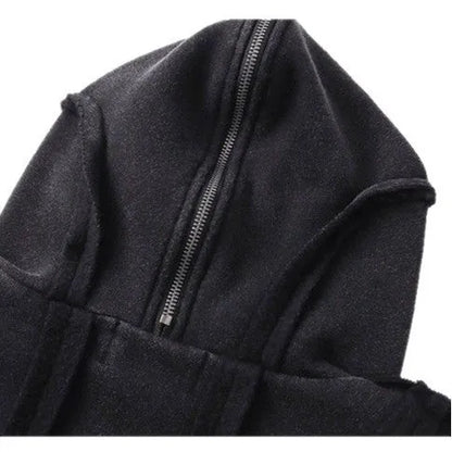 Black loose zip hooded cardigan with abstract pattern and padding for autumn wear