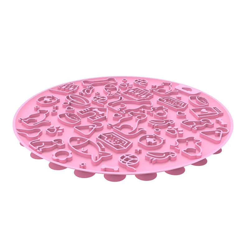 Round blue silicone pet licking mat with textured surface and suction base for slow feeding