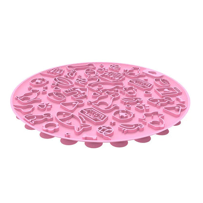 Round blue silicone pet licking mat with textured surface and suction base for slow feeding