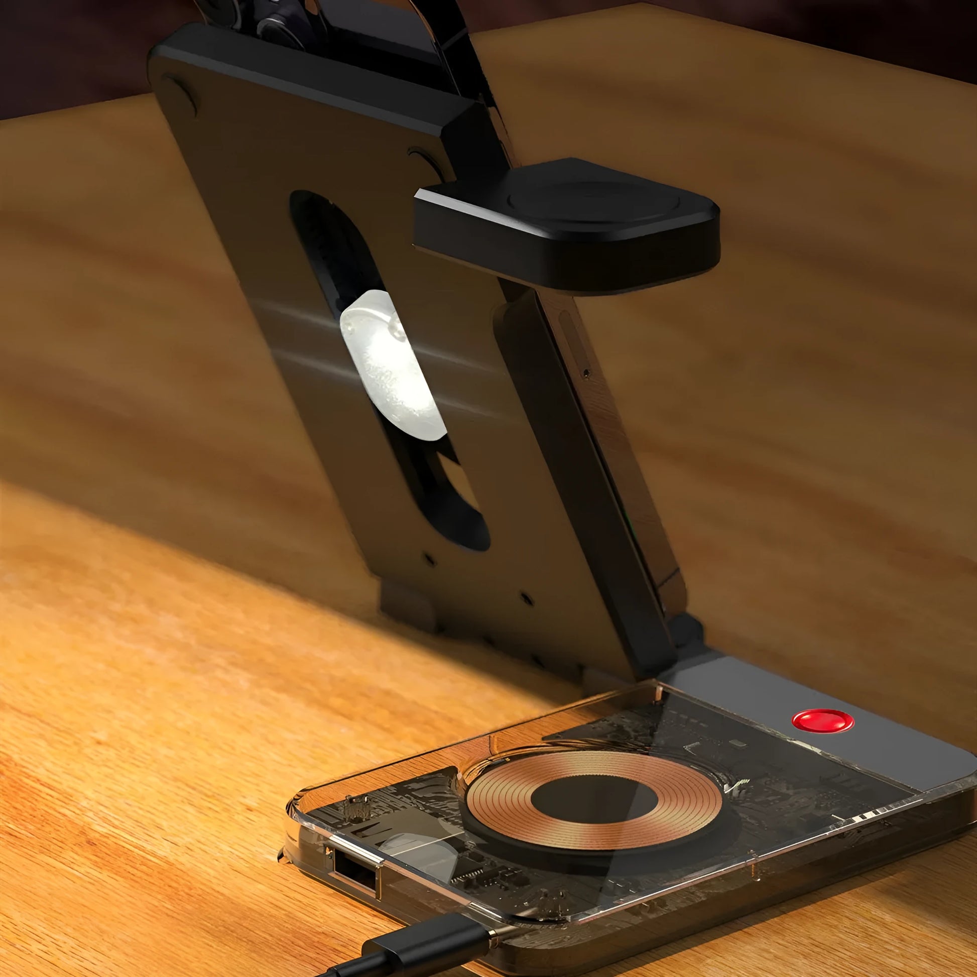 Black foldable three-in-one magnetic wireless charging stand for phone, watch and earphones on a desk.