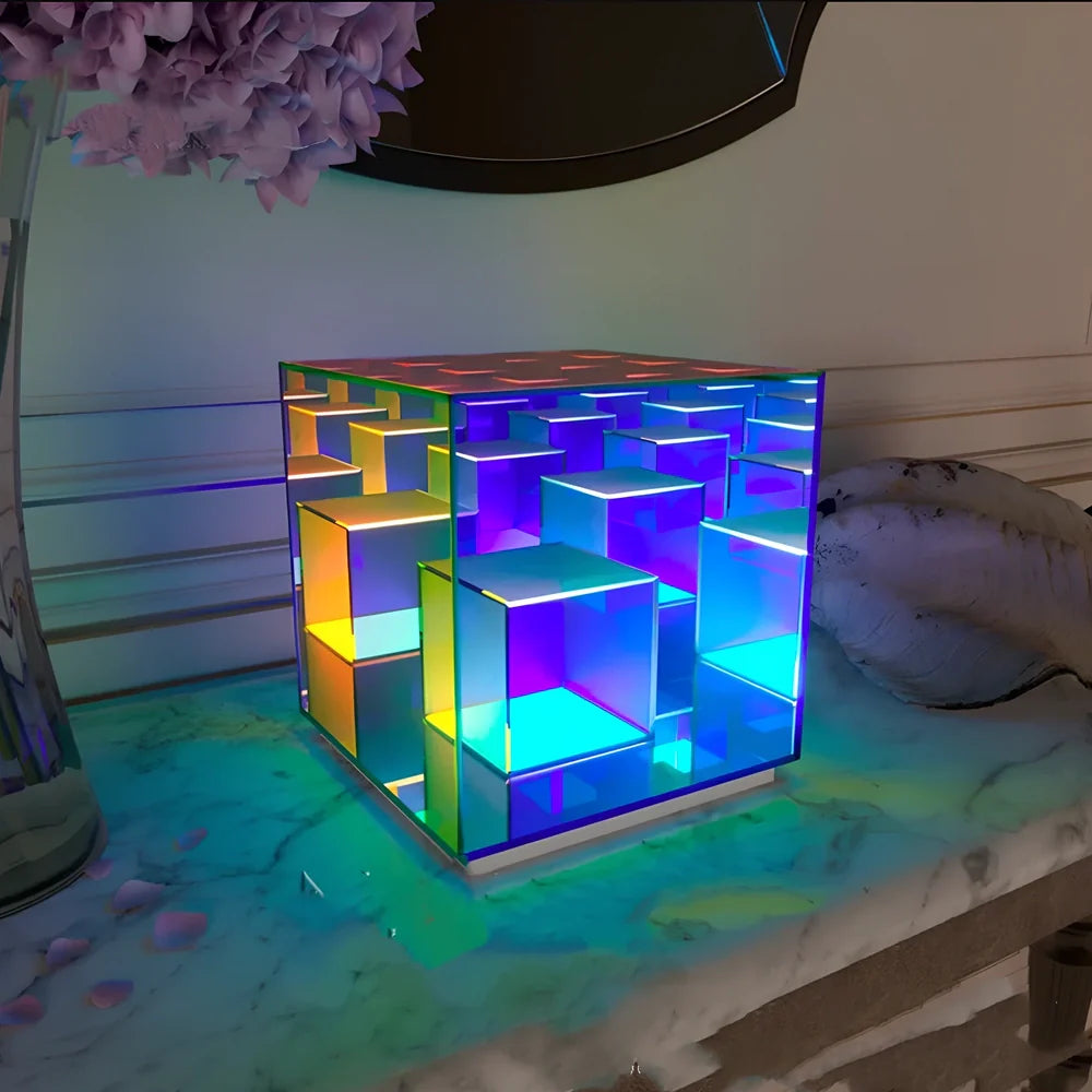 Acrylic cube LED table lamp with modern design and dimensions 24x22x22cm