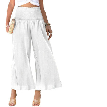 Women's high waist pleating casual cotton and linen trousers in apricot colour with micro elasticity and cropped straight-leg fit.