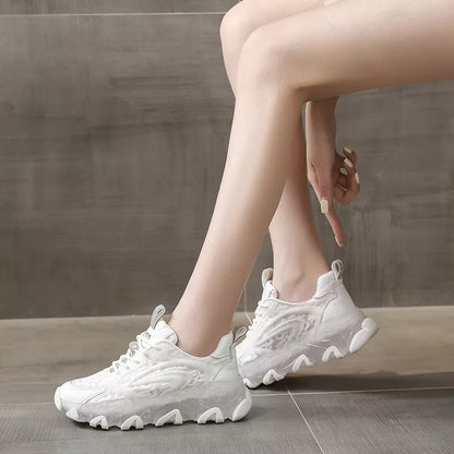 Daddy Shoes Thin Section Breathable White Net Casual Sports Shoes in white and pink