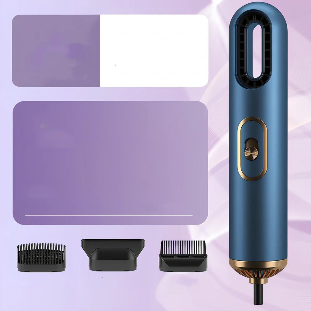 Gradient leafless hair dryer with blue light display and two nozzle attachments