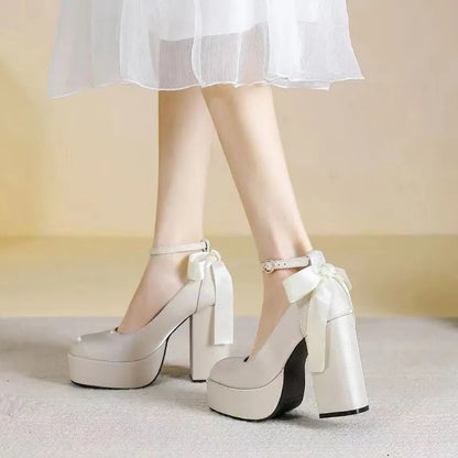 Women's waterproof platform wedding shoes with thick chunky heels in wine red colour with buckle detail