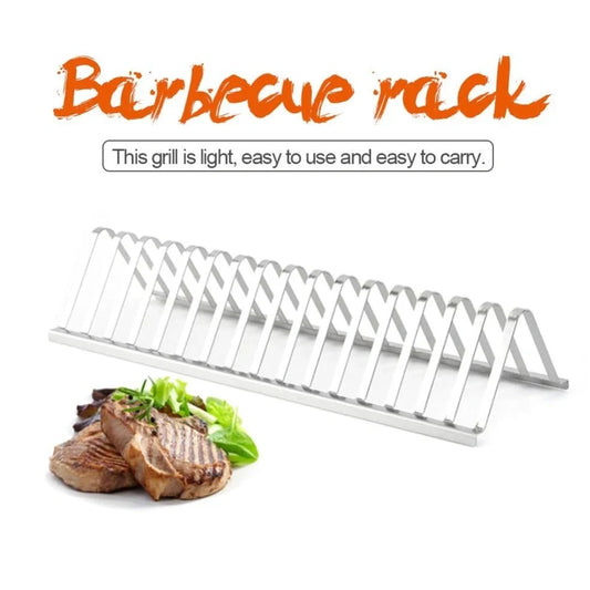 Stainless steel barbecue grill holder with vertical meat racks measuring 31cm length