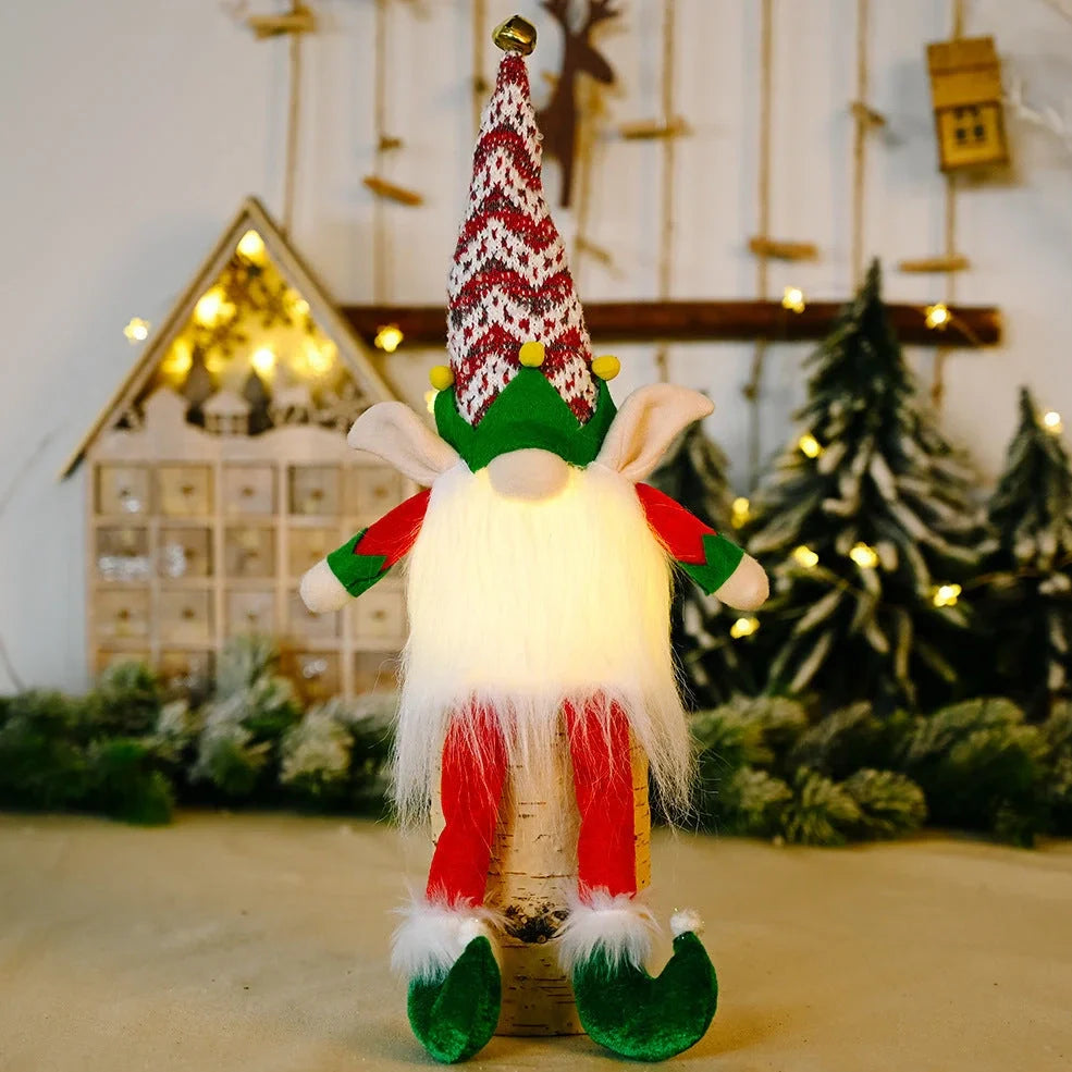 Christmas elf Rudolph doll with LED lights and striped fabric hat, 25cm tall