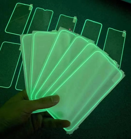 Fluorescent tempered glass screen protector glowing in blue for iPhone with full-screen coverage