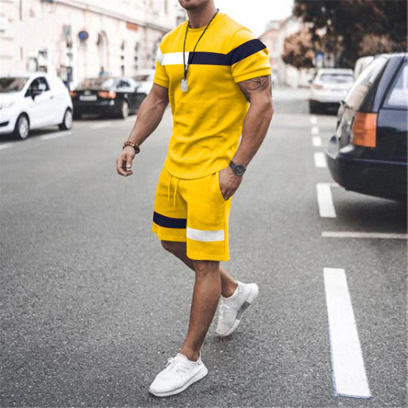 Men's Athletic Leisure Patchwork Short Sleeve Fitness Suit in various colors