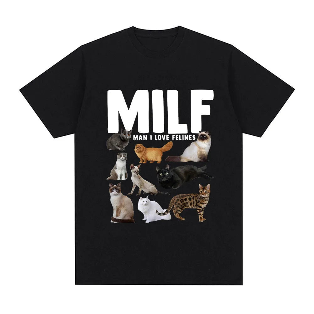 Geometric pattern cat lover graphic on a short sleeve cotton T-shirt, shown in multiple colours.