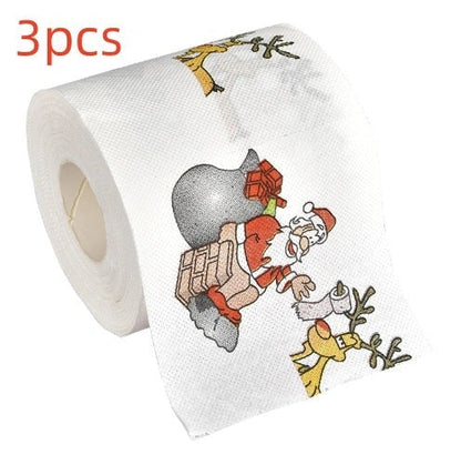 Christmas-themed toilet paper roll with Santa Claus and festive designs