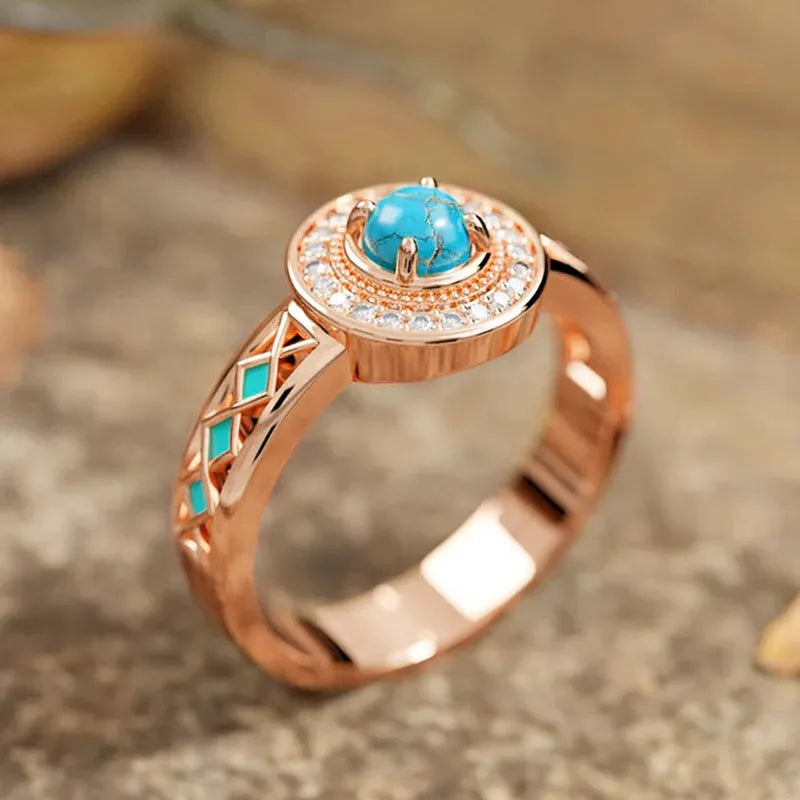Women's turquoise ethnic style ring with oil micro inlaid zircon in rose gold on copper geometric band, available in five sizes from no.6 to no.10