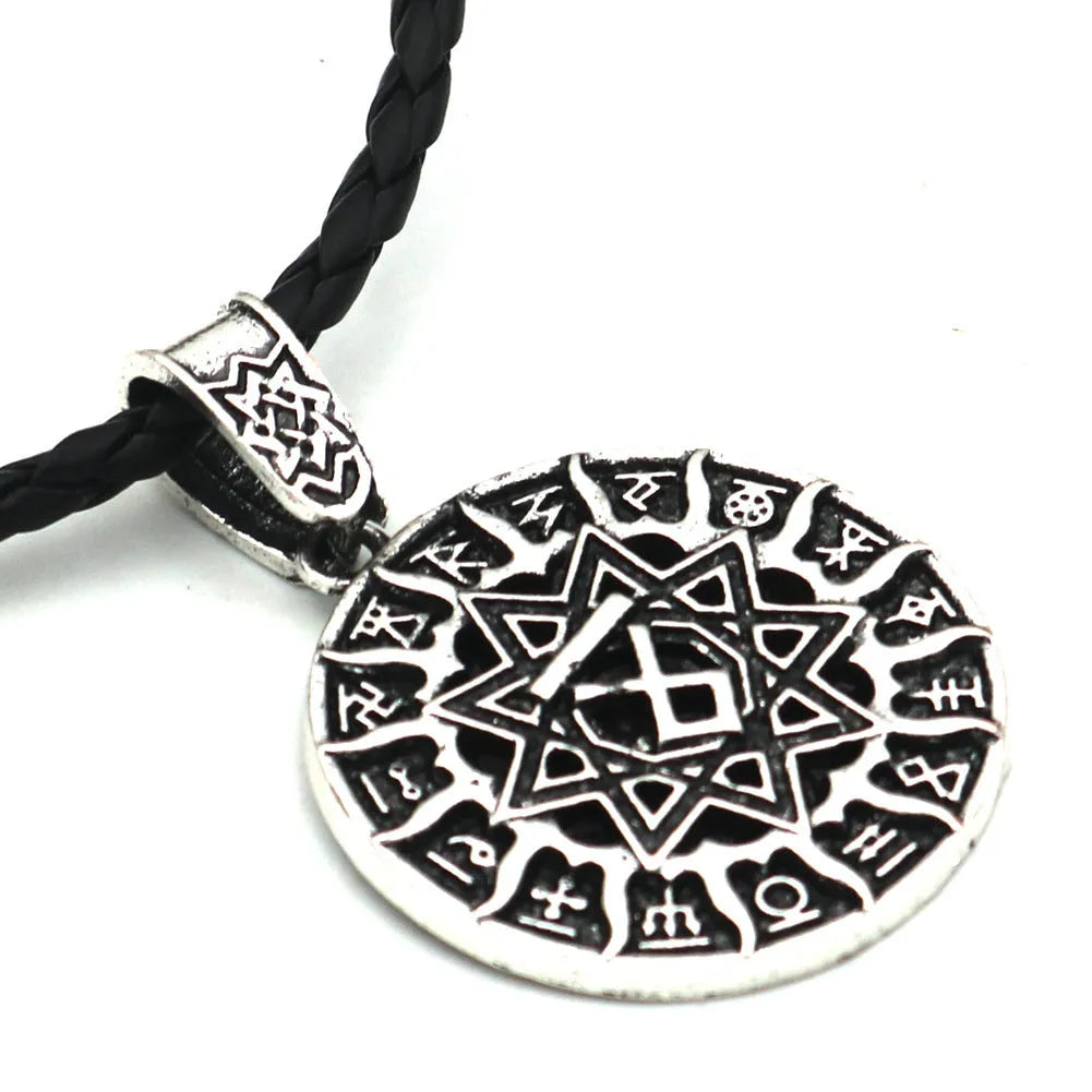 Lunavin ODing text logo pendant on an adjustable snake bones chain and leather rope in antique bronze finish.