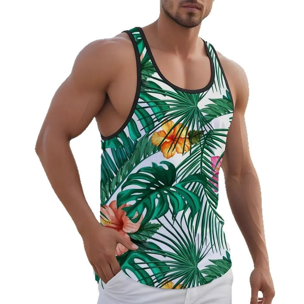 Men's solid colour Hawaiian-style sleeveless vest with 3D printed design in polyester fabric
