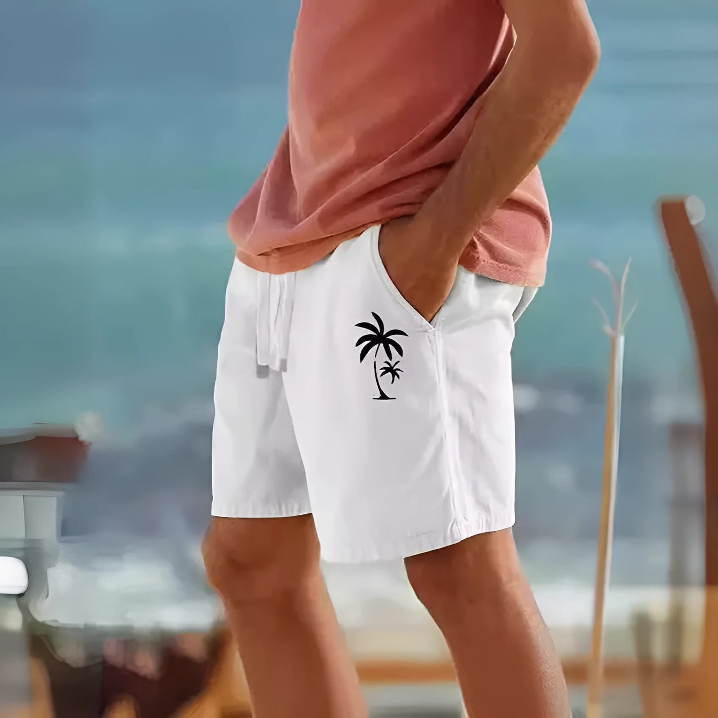 Men's elastic shorts with heat transfer patch, drawstring waist, and straight-leg design in Army Green colour