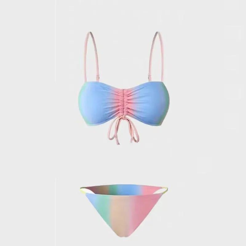Women's lace-up front triangle top bikini swimsuit in a colour-matching style.