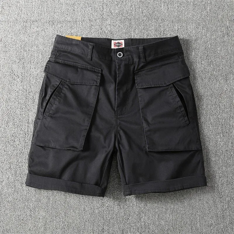 Men's straight-leg cargo shorts in Army Green with multiple pockets, showing micro-elastic cotton fabric detail