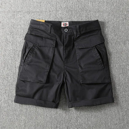 Men's straight-leg cargo shorts in Army Green with multiple pockets, showing micro-elastic cotton fabric detail