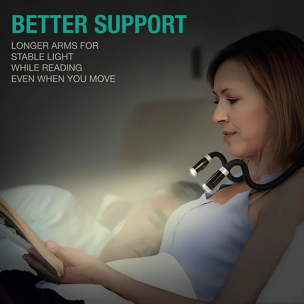 Flexible neck book light with U-shaped design showing adjustable LED reading lamp in use