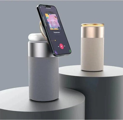 Versatile 3-in-1 wireless charging station with touch lamp and Bluetooth speaker for home and office use