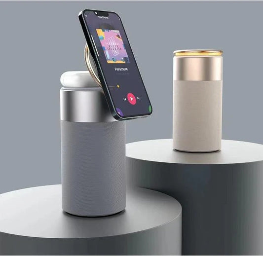Versatile 3-in-1 wireless charging station with touch lamp and Bluetooth speaker for home and office use