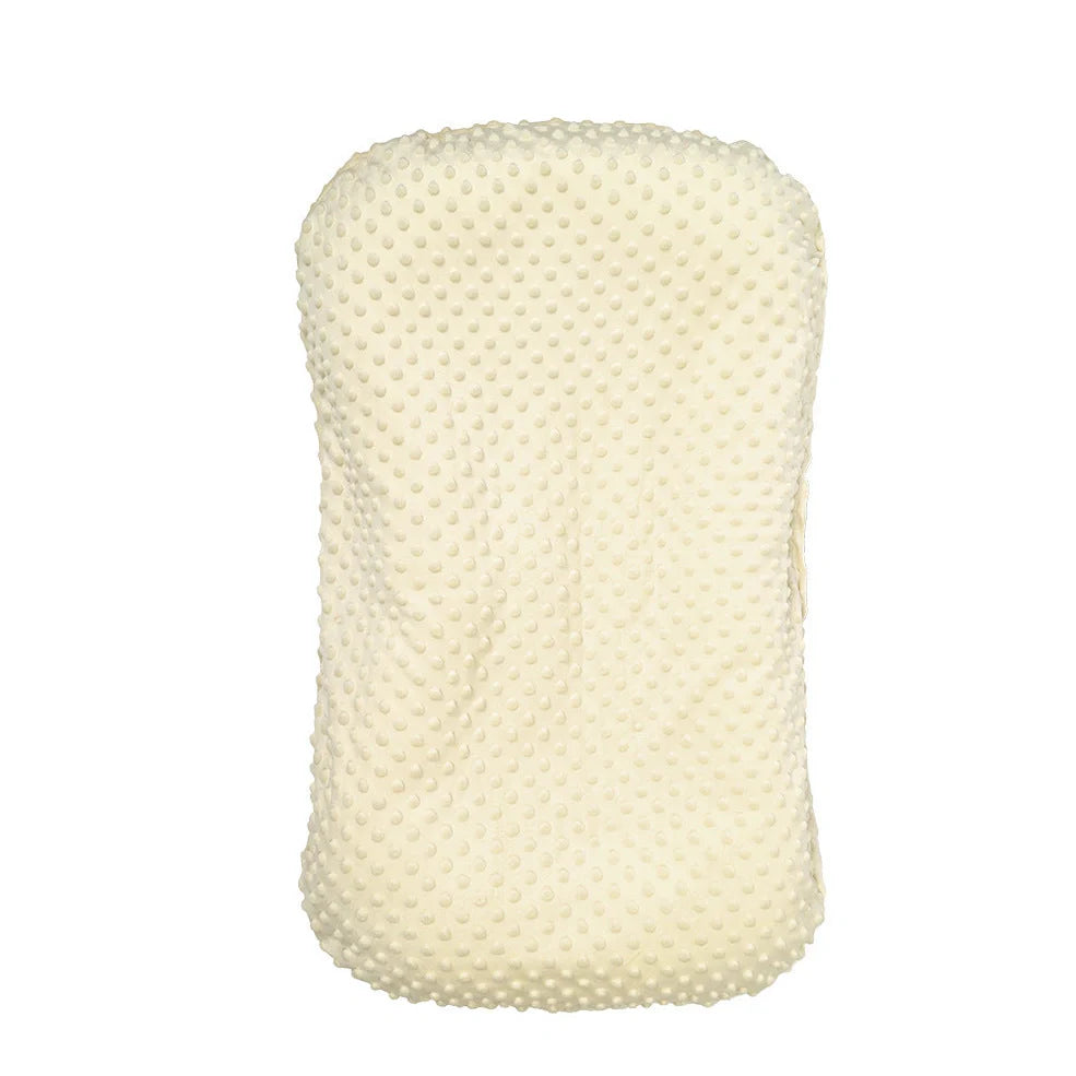 Portable crib with interchangeable fabric cover showing 75x45cm dimensions and multiple colour options