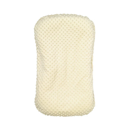 Portable crib with interchangeable fabric cover showing 75x45cm dimensions and multiple colour options