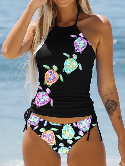 Colourful conservative women's swimsuit with cartoon printing and split brief design