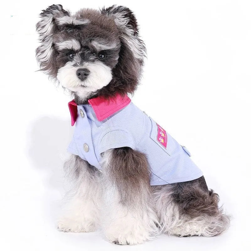 Polyester dog vest clothing for small dogs with traction rope ring handle, available in blue and purple colours in sizes XXS (1.25-2kg) to XXL (9.5-11.5kg) for casual wear and easy handling.