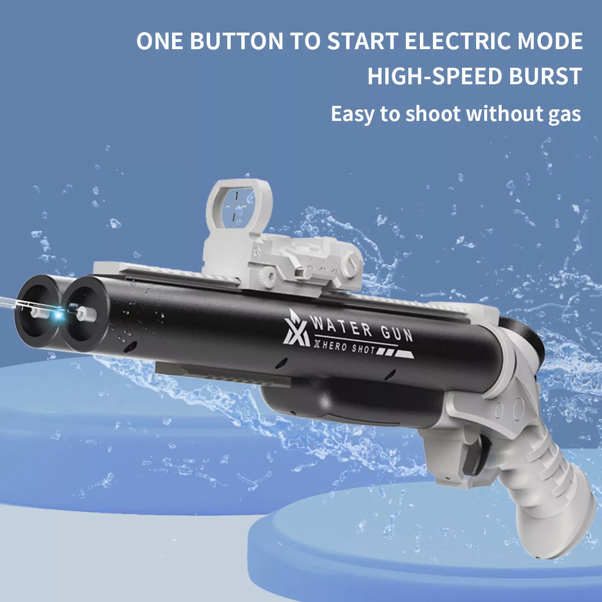 Double-shot hole electric water gun toy for teenagers in blue, pink, and black