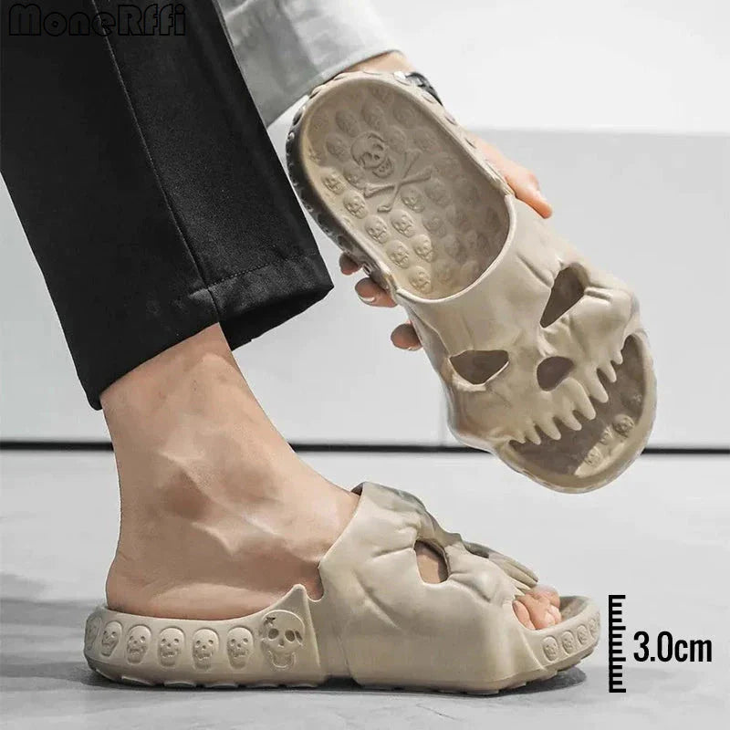 Spooky skull-printed slide sandals in various colors and sizes