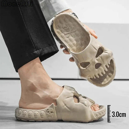 Spooky skull-printed slide sandals in various colors and sizes